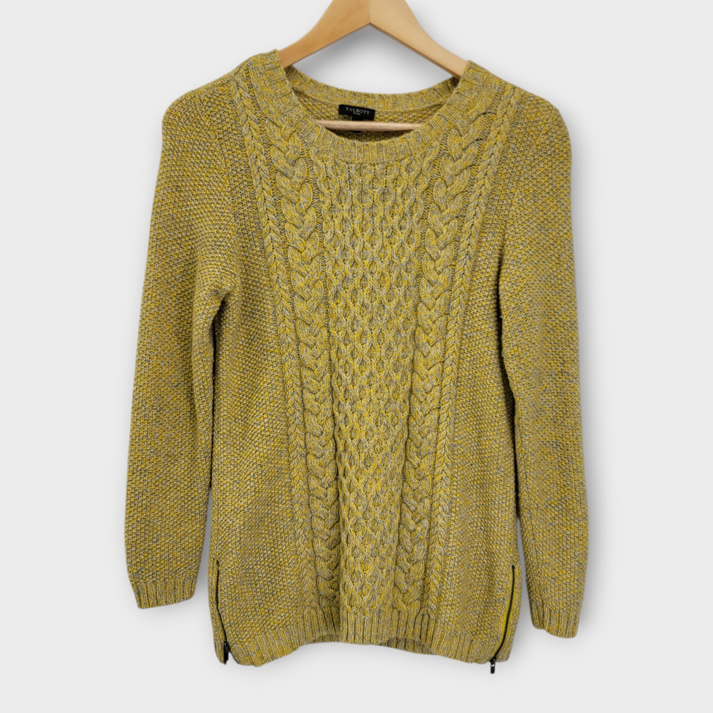 Talbots Cable Knit Sweater Small Petite Yellow Gray Merino Wool Blend Zip Sides